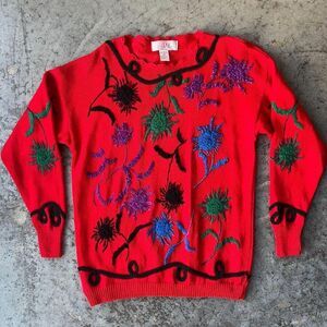 Lizi Ruch Vintage 90s Red 3D Floral Embroidered Knit Sweater Maximallist Medium